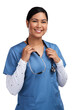 © peopleimages.com - Portrait of a young doctor using a stethoscope against a white background