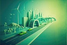 Generative AI Blueprints Of A Modern Green Sustainable Highway With Green Paint On A White Clean Background With A City And Copyspace