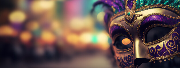 Gold, purple and green glittery mardi gras mask on shining bokeh city banner. Generative AI illustration