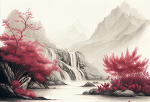 Beautiful Japanese Art, Red Flowers In Foreground, Heavy Mist Around Distant Mountains In Background. Wallpaper/desktop/background, Generative Ai, Digital Art