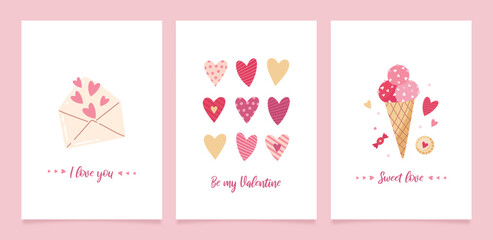 Sticker - Set of greeting cards for Valentine's Day. Vector cute illustrations with festive decorative elements, heart, bouquet, envelope, sweets and inscriptions.