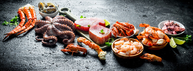 Poster - Seafood. Fresh tuna steak with octopus, shrimp, crayfish and oysters.