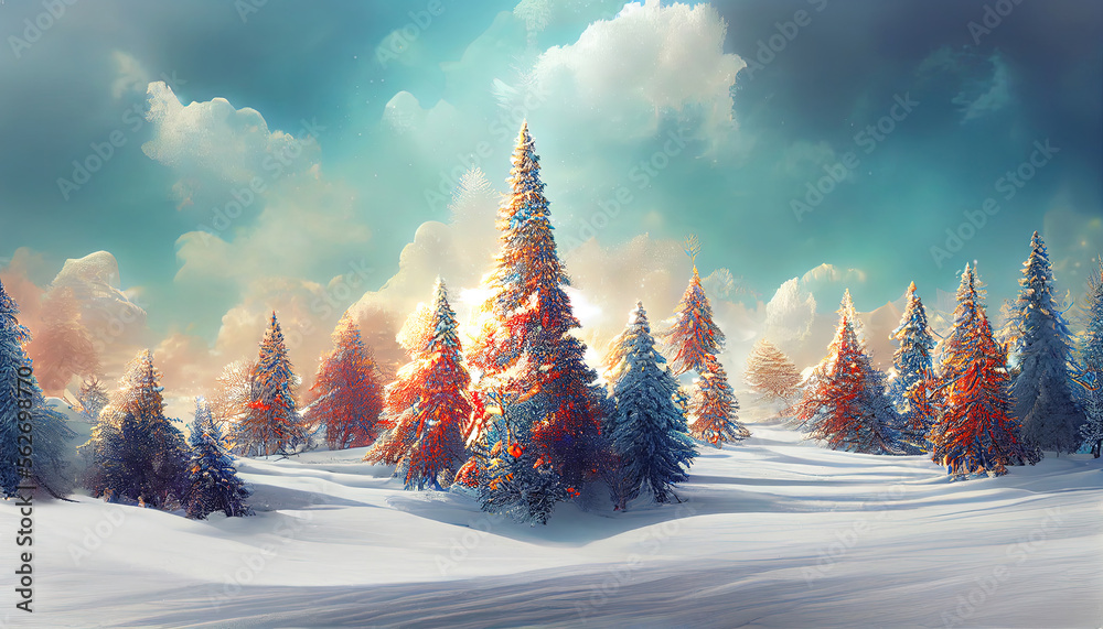 Winter wonderland background wallpaper with trees and snow Stock ...
