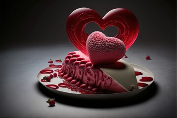 Sticker -  a heart shaped piece of cake on a plate with a knife and fork in it and blood on the plate and the cake is on the plate and the plate is half eaten and half. Generative AI