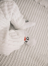 Close Up Of Newborn Baby Feet In Socks