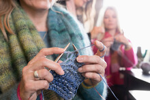 Close-up Of A Mature Woman Knitting Muffler, Bavaria, Germany