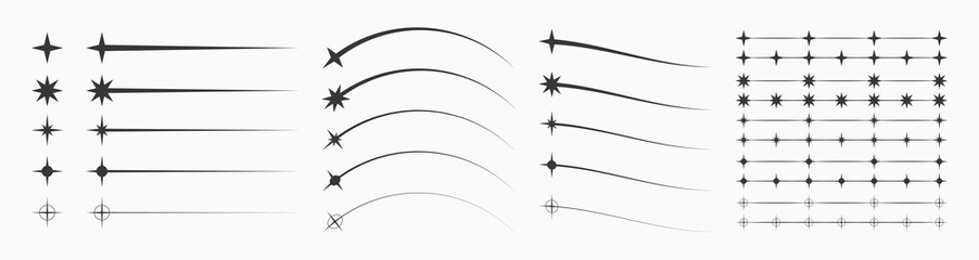 Poster - Moving retro stars collections. Star shapes and starburst icons that flying, falling and moving with trail and tail. Brutalism design elements in various shapes and positions. Vector.