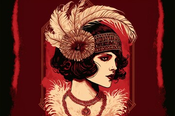 Poster -  a woman with a feather hat and a feather necklace on her head, in a red background with a red frame and a red background with a red border with a black border and white. Generative AI