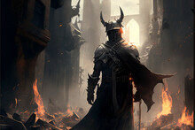 Evil Knight In A Horned Helmet Slowly Walks With A Curved Sword Through A Burning Ruined City With Black Gothic Buildings. Debris Of Ruins With Flying Ashes And Sparks Is Everywhere. Generative AI