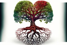  A Tree With A Lot Of Roots And A Heart Shaped Tree With Red Leaves And Green Leaves On It's Sides, With A White Background With A Black Border And White Border. Generative AI