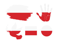 Poland Flag Set, Flag Of Poland Collection. Flag In Grunge, Dove, Handprint, Square And Round Shape. Vector Illustration
