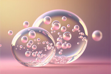 pink mother-of-pearl transparent water bubbles molecules and atoms in a facial skin care cosmetic product, rejuvenation, moisturizing, hyaluronic acid. generative AI