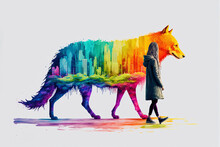 Woman Walking With Giant Dog, Rainbow Gradient