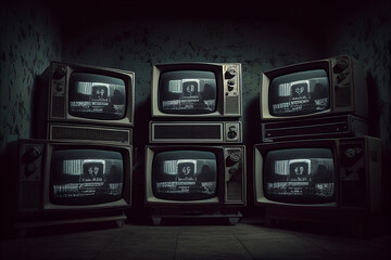 A lot of old televisions in dark room. TV addiction, propaganda and fake news concept. Generative AI