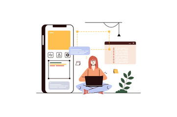 Poster - App development concept with people scene in flat cartoon style. Girl works on laptop to create a new convenient mobile application.