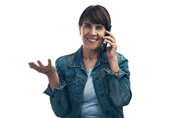 Wall Mural - A senior woman talking on a cellphone Isolated on a PNG background.