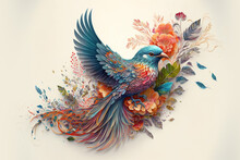 Beautiful Colorful Decoration With Bird Sitting On Branch, Generative AI Illustration