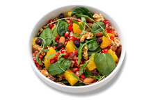 Isolated Healthy Salad With Spelt, Oranges, Pomegranate Seeds, Nuts And Greens, Top View