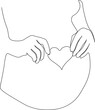 A pregnant woman holds a symbol in the shape of a heart in her palms. A loving mother is expecting a child. The concept of motherhood, parenting, preparation and expectation.One line illustration