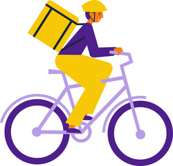 Wall Mural - Guy courier on a bike with parcel box on his back. Bicycle delivery man carrying package. Ecological city transport. Flat illustration