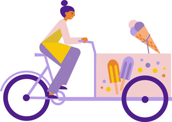 Wall Mural - Girl riding bike with ice cream cart. Woman sells snacks from bicycle. Flat illustration