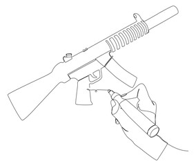 Poster - One continuous line of Machine Gun drawn by with felt tip pen. Thin Line Illustration vector concept. Contour Drawing Creative ideas.
