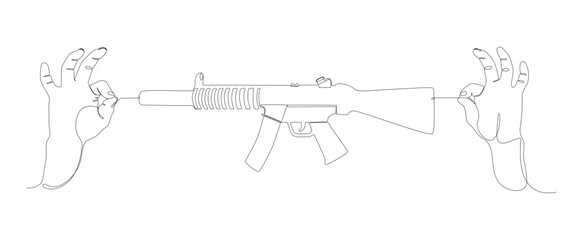 Poster - One continuous line of two hand holding a string with Machine Gun. Thin Line Illustration vector concept. Contour Drawing Creative ideas.