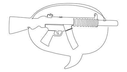 Poster - One continuous line of speech bubble with Machine Gun. Thin Line Illustration vector concept. Contour Drawing Creative ideas.