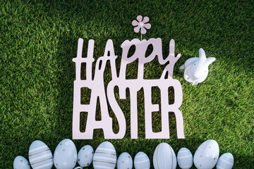 Wall Mural - happy easter background with eggs and bunny