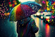 illustration of a person with rainbow umbrella, idea for happiness during bad day  Generative Ai