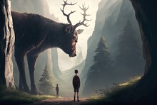 Illustration Of A Lost Boy Waling On The Nature Trail With Big Stag , Idea For Spiritual Soul Guardian Guild Way Path 