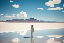 Illustration Of A Person Stand Still On Beautiful Landscape Of Wide Water Mirror Surface Sky Reflection, Inspired From, Glass Lake,  Salar De Uyuni, Bolivia, Idea For Self-reflect Theme Background