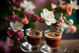 Artistic beautiful romance two cups of macchiato coffee serve with cherry blossom flower branch, spring season and national spring festival theme drink, idea for background or wallpaper  Generative Ai