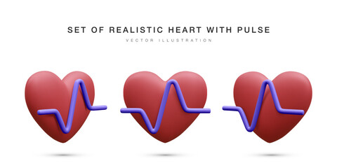 Set of 3d realistic red heart with blue pulse for medical apps and websites. Medical healthcare concept. Heart pulse, heartbeat line, cardiogram. Vector illustration