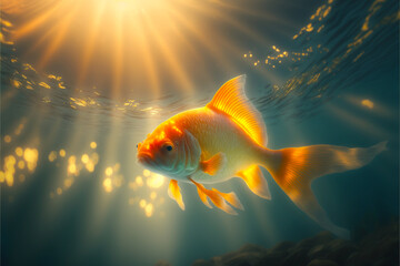 Wall Mural - Gold fish underwater with sun rays illuminating the sea depths. Ai llustration, fantasy digital painting, artificial intelligence artwork