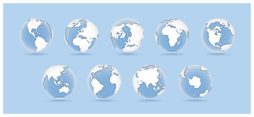 set of globes, nine icons of blue globes showing earth from all continents