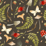 Fototapeta Dziecięca - Watercolor berries, mushrooms, butterflies and fern seamless pattern on dark background