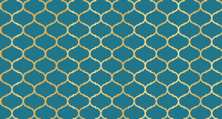 Wall Mural - Abstract background with islamic ornament. Golden lined tiled motif. Arabic geometric seamless ornament pattern. Arabic geometric texture. Islamic background. Vector illustration