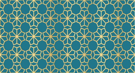 Poster - Abstract background with islamic ornament. Golden lined tiled motif. Arabic geometric seamless ornament pattern. Arabic geometric texture. Islamic background. Vector illustration