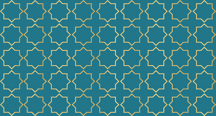 Poster - Abstract background with islamic ornament. Golden lined tiled motif. Arabic geometric seamless ornament pattern. Arabic geometric texture. Islamic background. Vector illustration