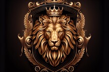 Golden Lion Head With A Crown In A Decorative Shield On A Black Background. Generative AI