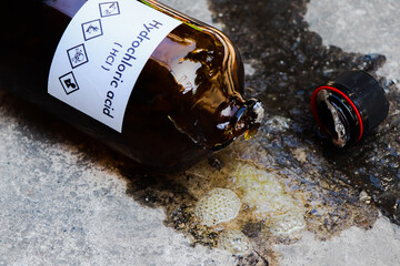 Sticker - hydrochloric acid are leaking on the floor, chemical in the laboratory and industry