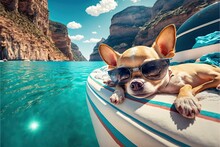 Sleeping Chihuahua With Sunglasses Lying On The Yacht. Generative AI