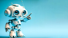 Cute White Robot On Blue Background Pointing At A Subject, Ai Generated