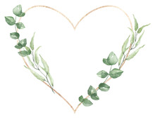 Heart-shaped Greenery Wreath With A Rose Gold Hoop. Watercolor Green Leaf And Foliage Frame. Botanical Painting. PNG Clipart On Transparent Background.