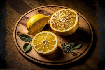  a wooden plate topped with sliced lemons and leaves on top of a table next to a knife and a lemon slice on a wooden board with leaves and a green leaf on top of., generative ai