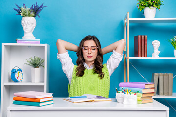 Poster - Portrait of peaceful pretty lady closed eyes arms behind head take nap complete task isolated on blue color background