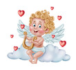 Cupid with a harp on a cloud