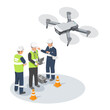 Industrial Construction Aerial Drone services Maintenance and Inspection Inspector Engineer and Technician working Factory isometric isolated illustration vector
