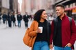 A couple on a first date walking down a street in New York City, generative ai